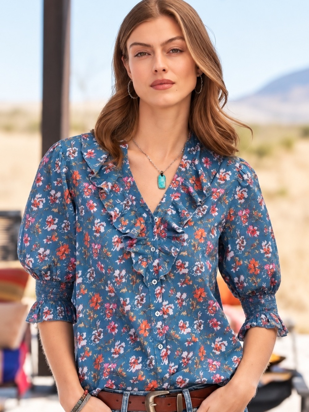 Sundance Blue Floral Ruffle Peasant Women's Top 100% Cotton Boho Western Size M